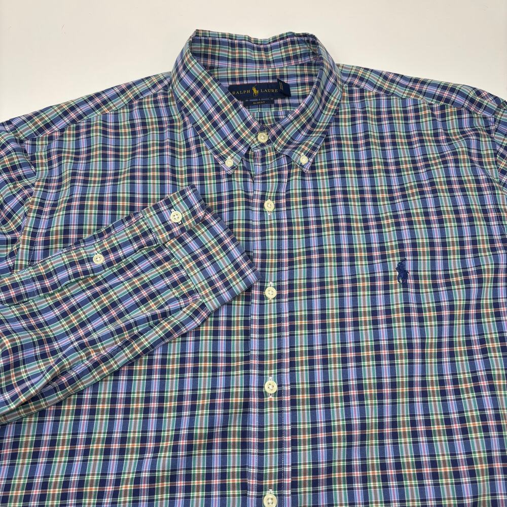 Ralph Lauren 2XL‎ Blue Multicolor Plaid Button Up Long Sleeve Slim Fit Shirt
